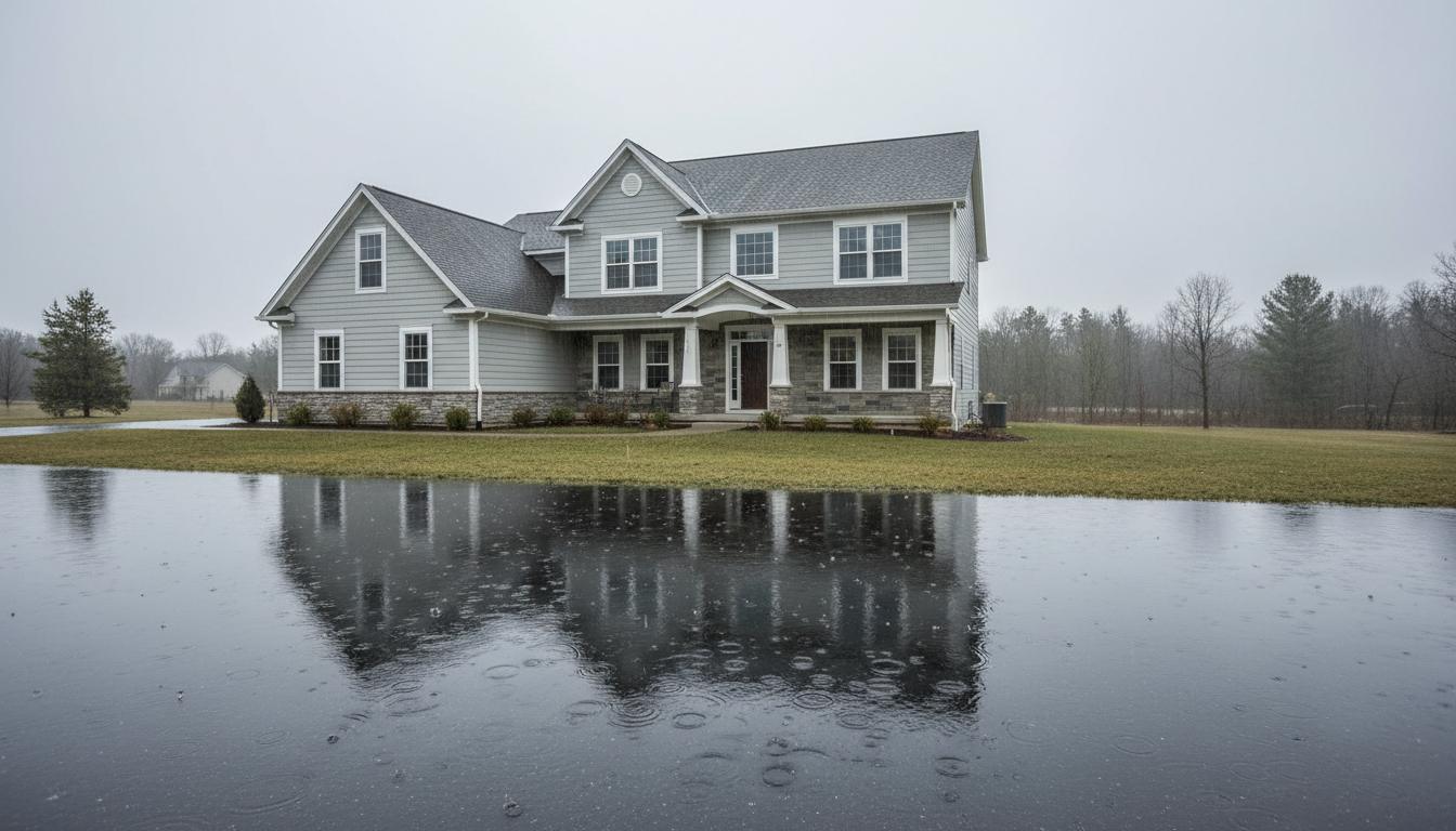 A suburban home with a flooded, rain-soaked yard, representing flood risk outside a FEMA zone.